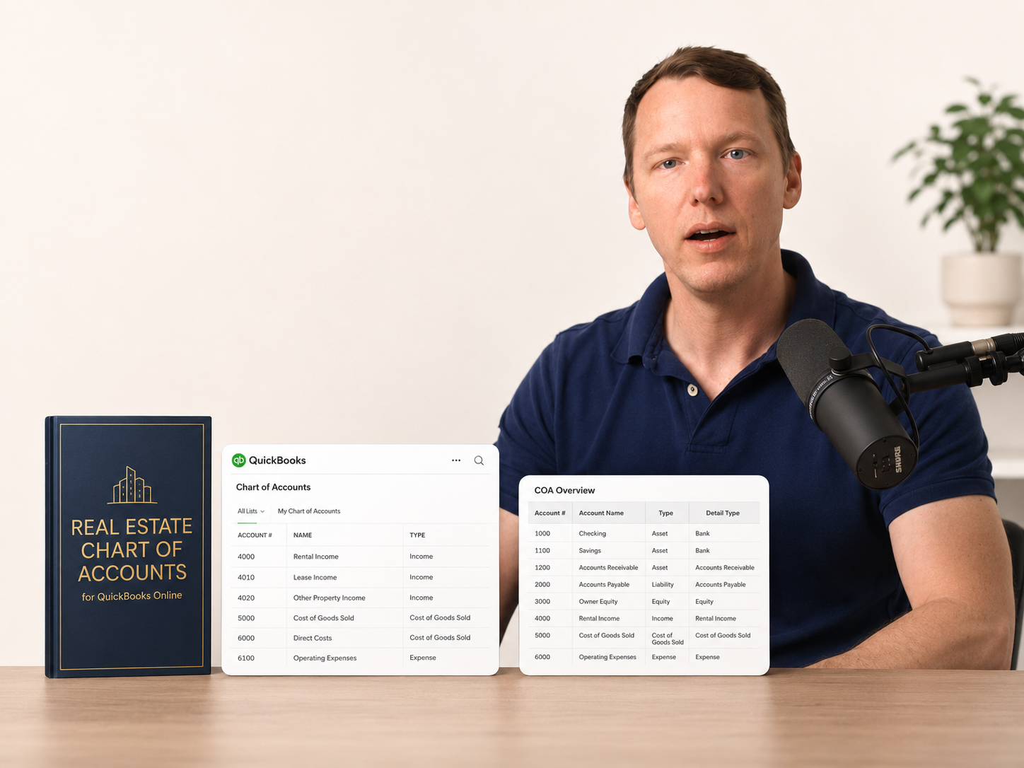 Thomas, The Real Estate Bookkeeper, with a QuickBooks chart of accounts and real estate spreadsheet overview.